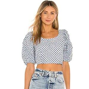 Free People Puff Sleeve Polka-dot Crop Blouse In Dusty Blue Size 2